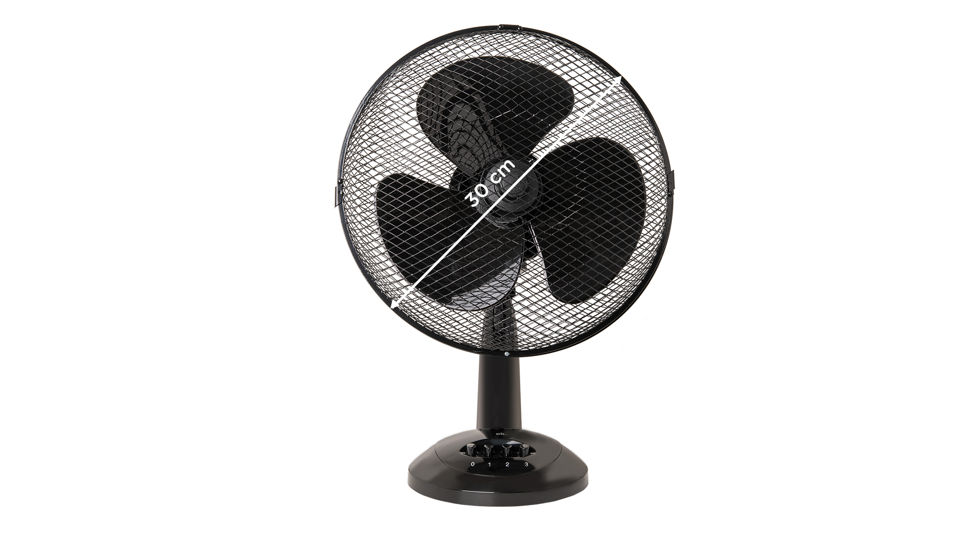 Schwarzer Ventilator mit 3 Flügeln, 30 cm. Auf schwarzem Sockel, weißer Hintergrund.