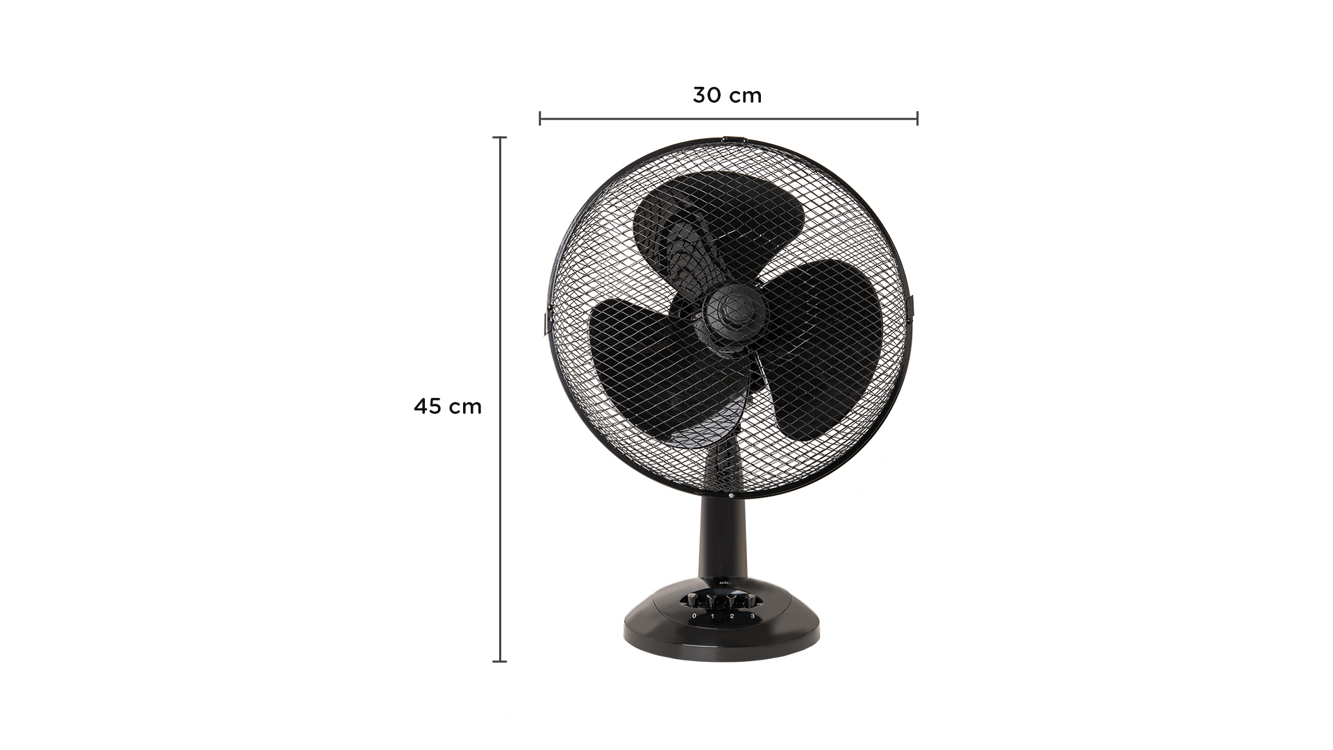 Schwarzer Tischventilator mit Maßangaben. Lüfterflügel sichtbar.