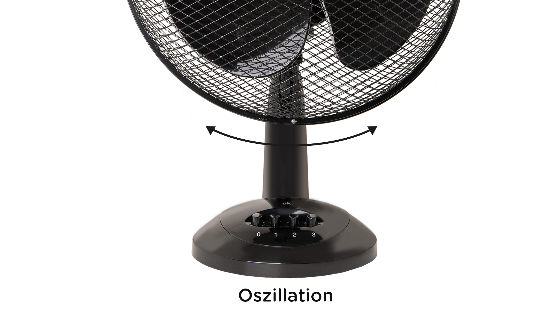 Schwarzer Ventilator mit drehbarem Kopf und nummerierten Geschwindigkeitseinstellungen.