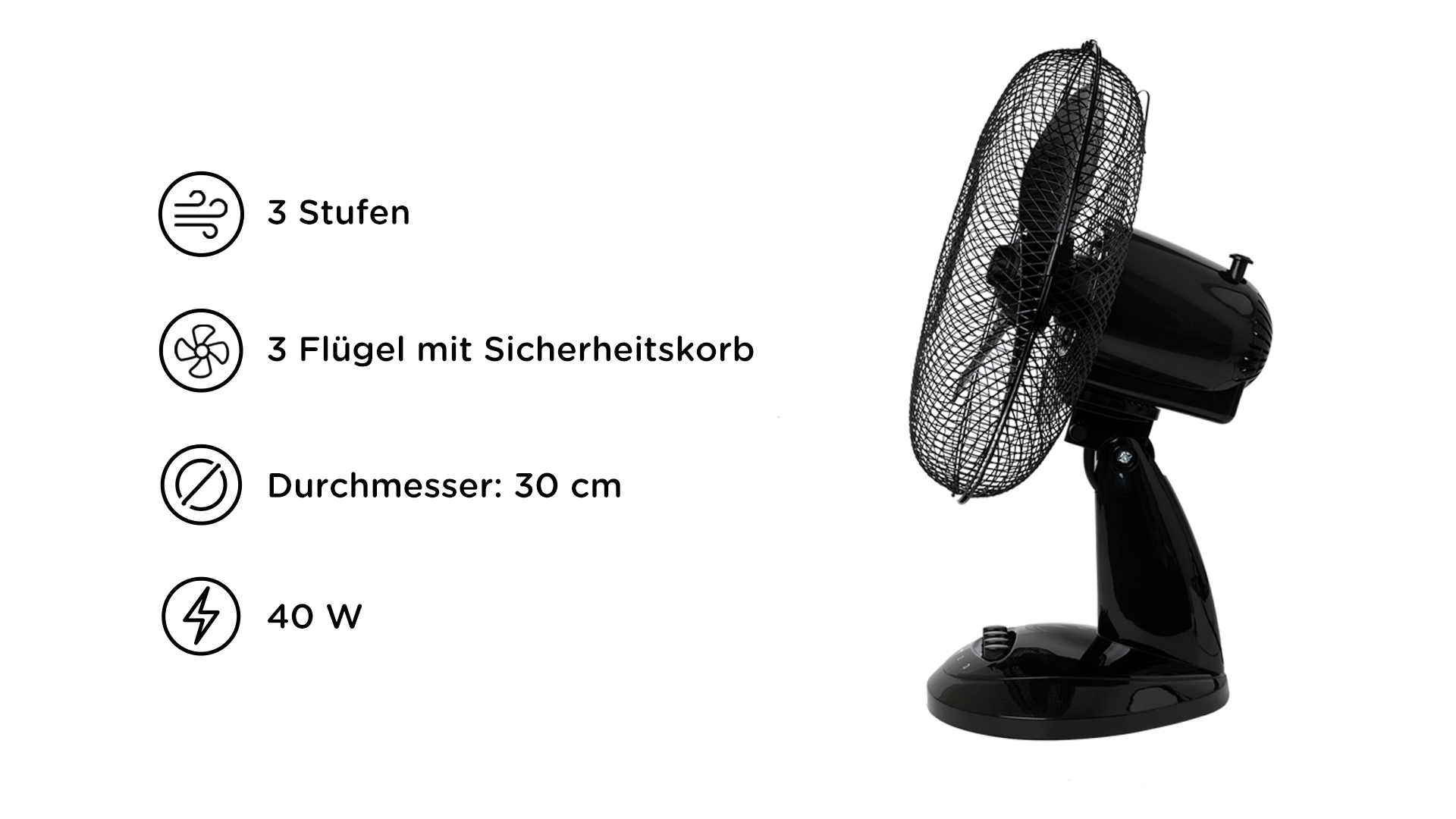 Schwarzer elektrischer Ventilator mit Textbeschriftungen auf weißem Hintergrund.