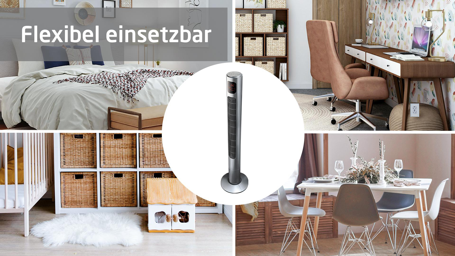 Eine Collage, die einen Ventilator in verschiedenen Umgebungen zeigt: Schlafzimmer, Kinderzimmer, Büro und Esszimmer.