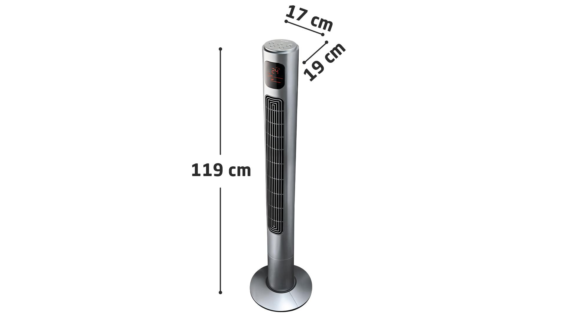 Ein hoher, silberner Ventilator mit schwarzem Gitter und Digitalanzeige der Temperatur. Abmessungen sind angegeben.