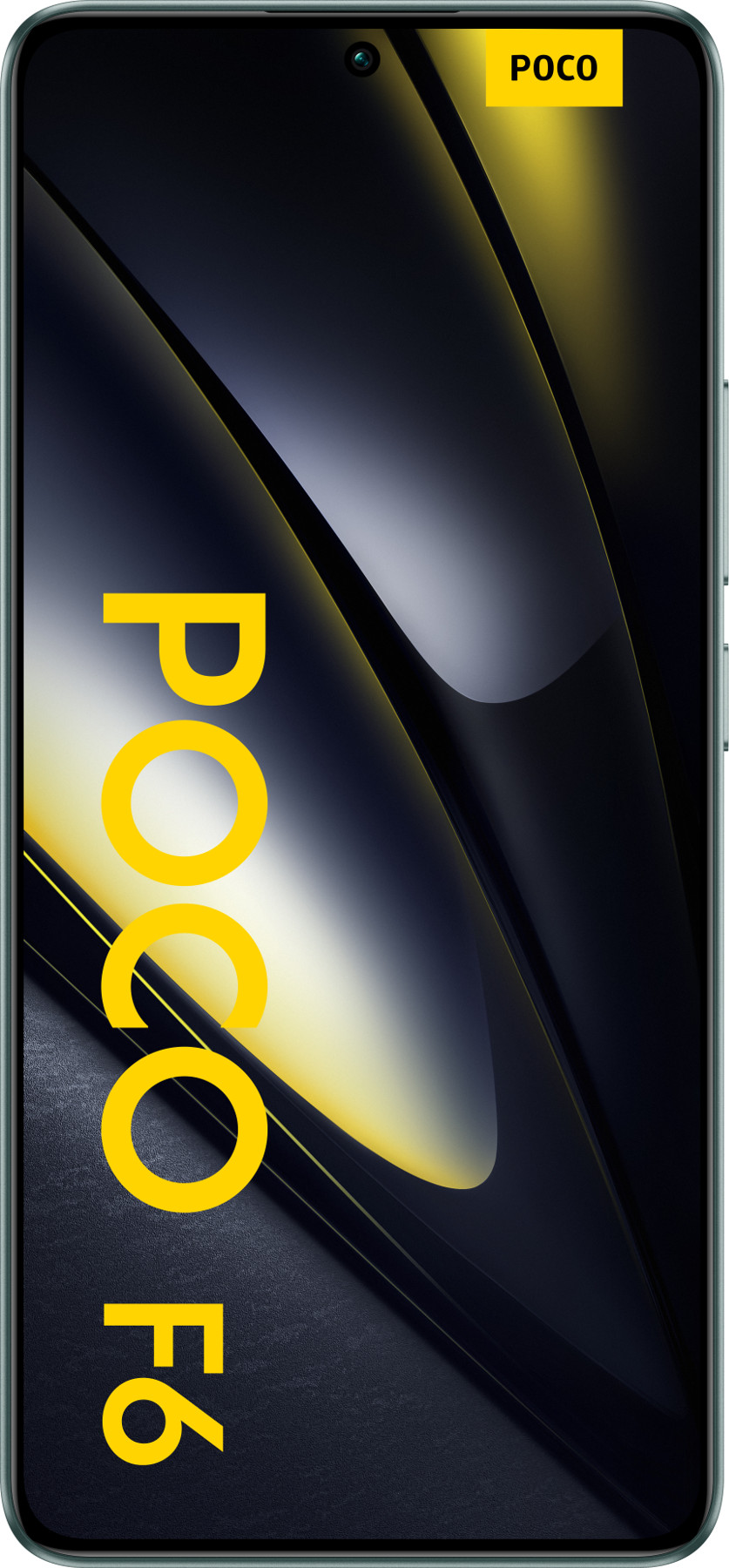 Zbliżenie czarnego i żółtego smartfona Poco F6 z nazwą marki.
