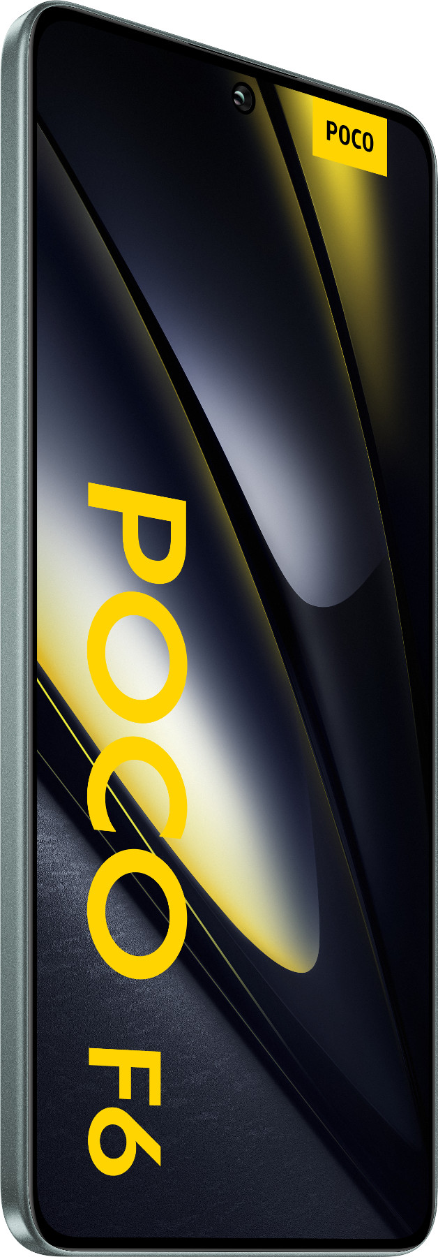 Czarny telefon z żółtym logo POCO. Ekran wyświetla żółto-czarny wzór. Telefon jest szary.