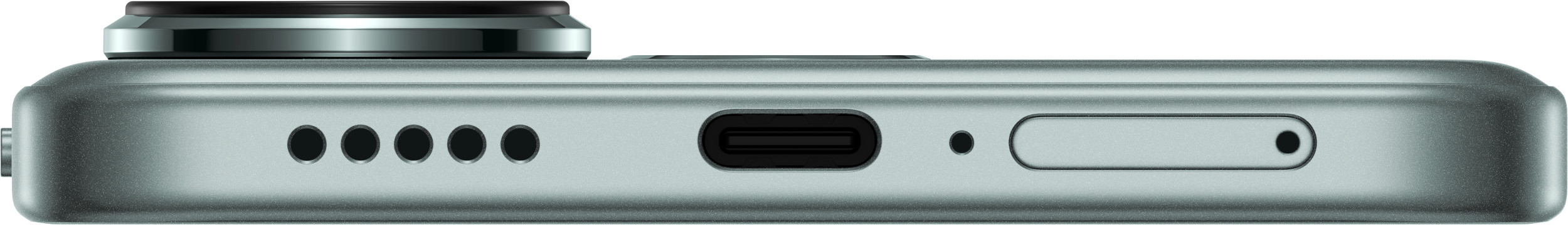 Zbliżenie dolnej części telefonu z portami i otworami głośników.