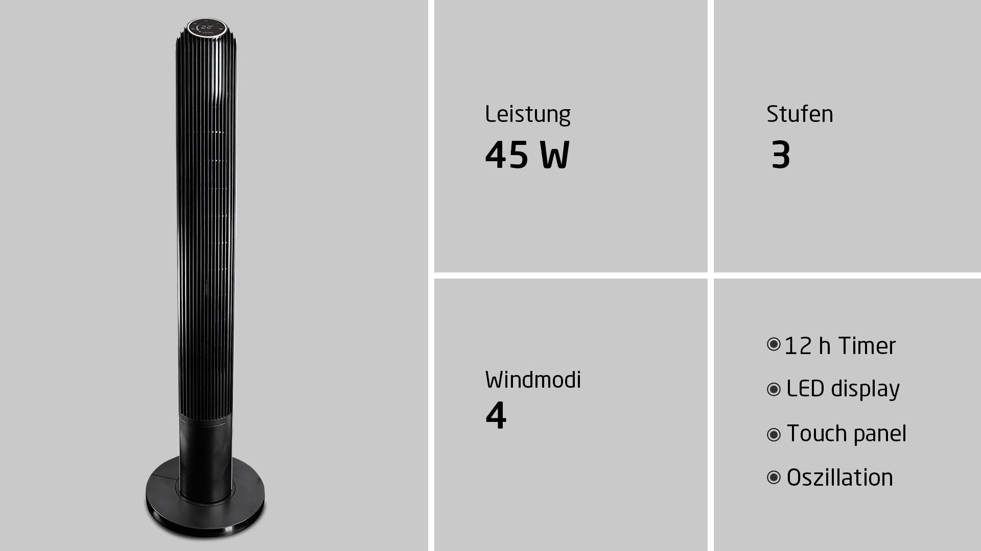 Schwarzer Turmventilator mit Infoboxen: 45W, 3 Stufen, 4 Modi, 12h Timer, LED-Anzeige, Touch-Panel.