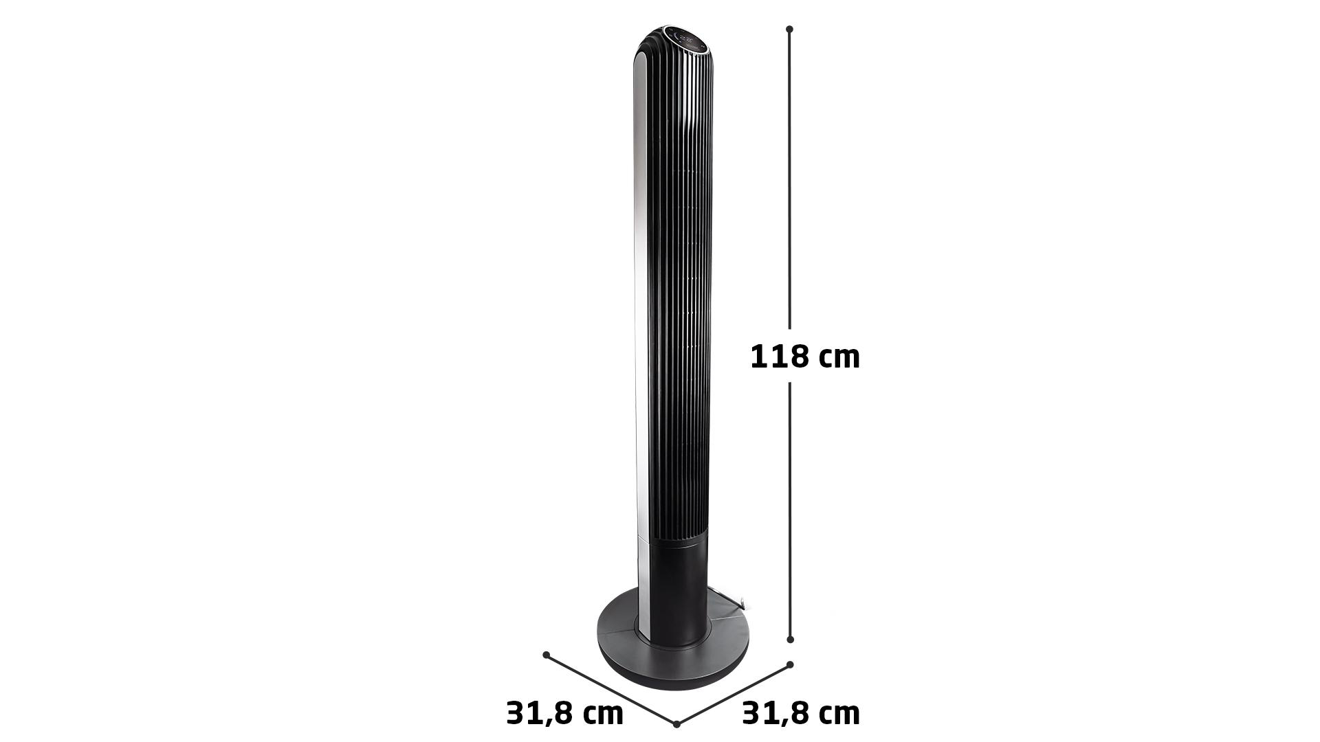 Hoher schwarzer Ventilator mit rundem Fuß, 118 cm hoch, 31,8 cm breit.