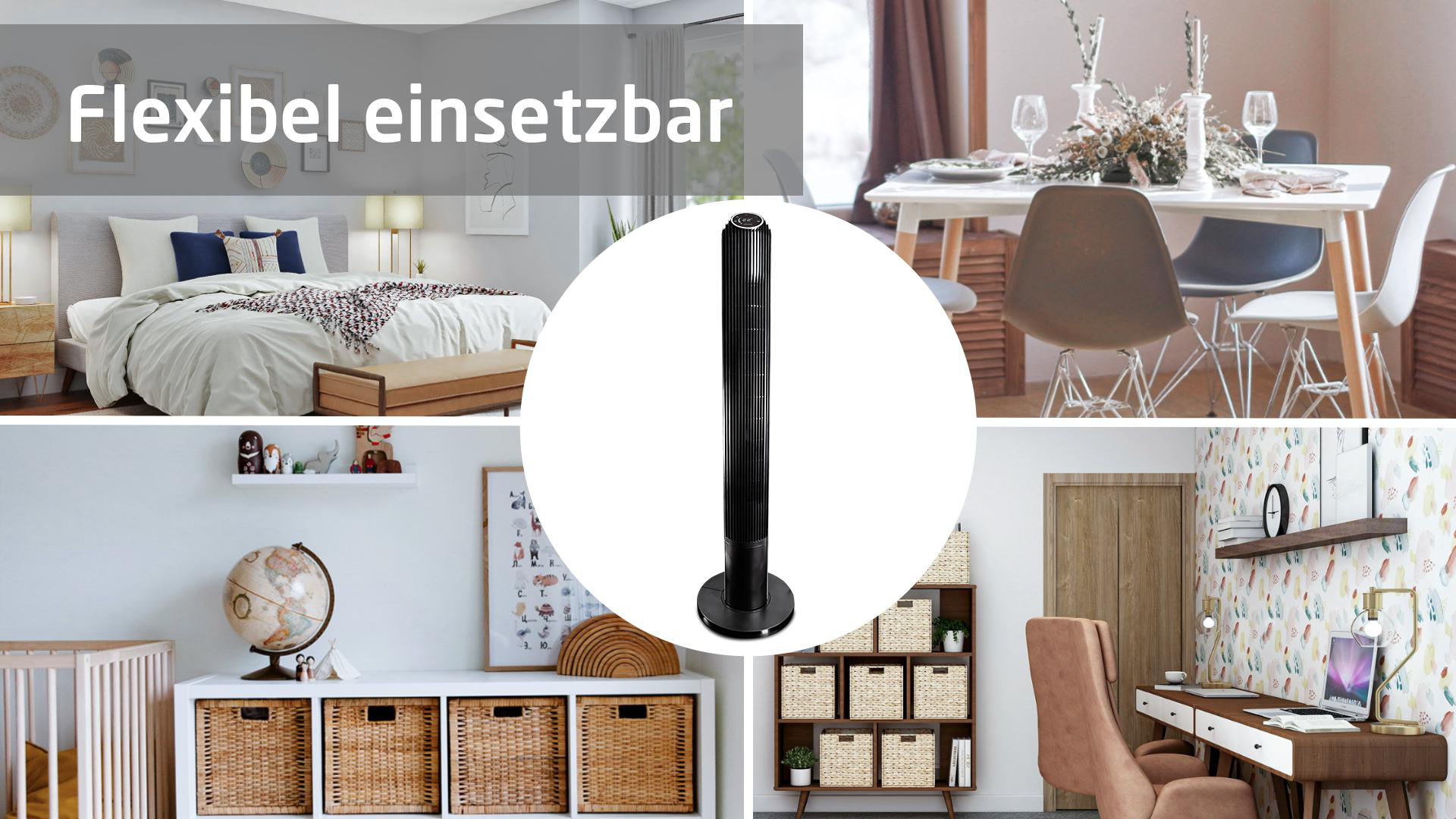 Collage von Bildern: Schlafzimmer, Ventilator, Esstisch und Schreibtisch. Schwarzer Ventilator und verschiedene Innenszenen.