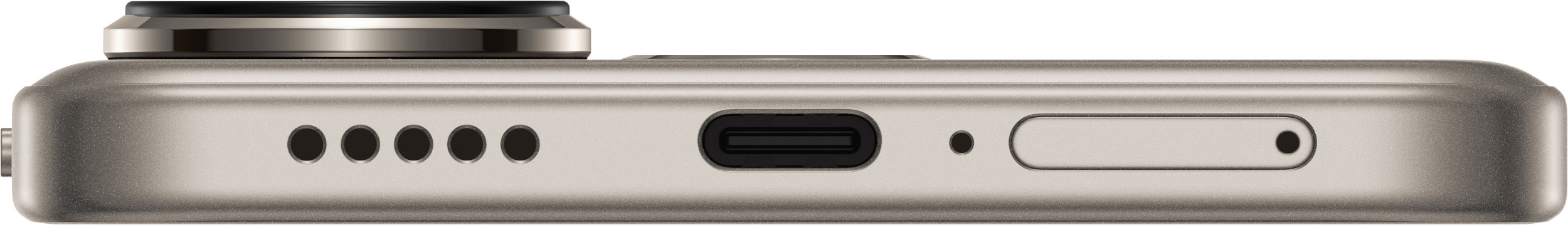 Widok z boku smartfona pokazujący porty i przyciski. Kolor srebrny.
