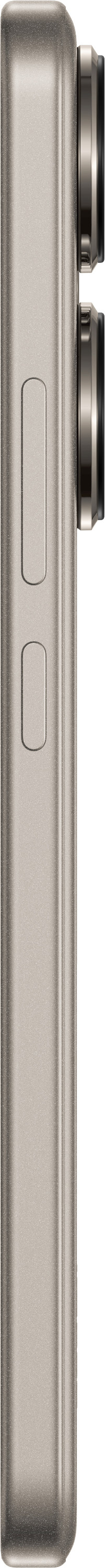 Widok z boku srebrnego telefonu z przyciskami. Obiektywy aparatu są widoczne w prawym górnym rogu.