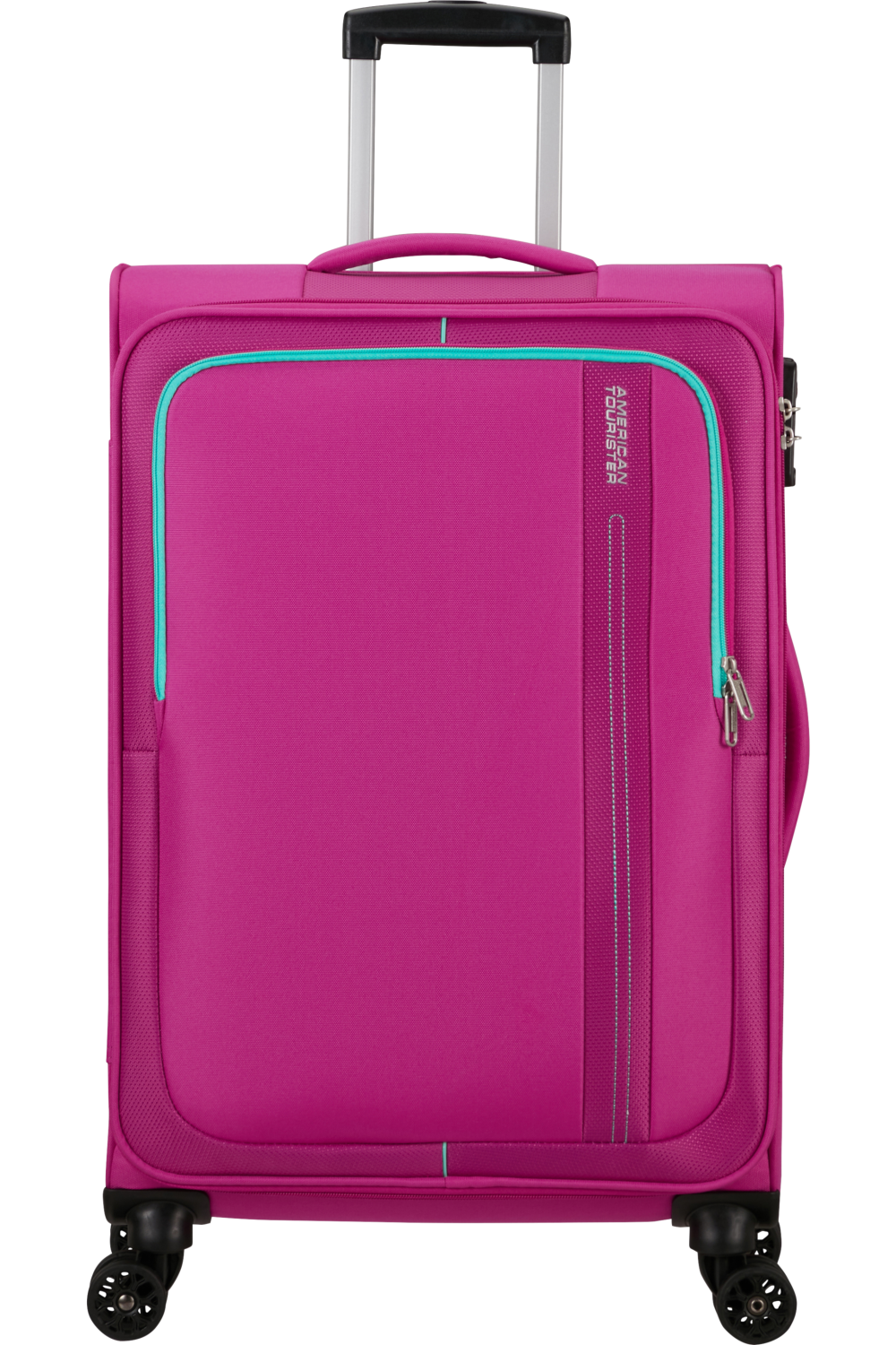 Rózsaszín American Tourister bőrönd türkiz díszítéssel és kerekekkel.