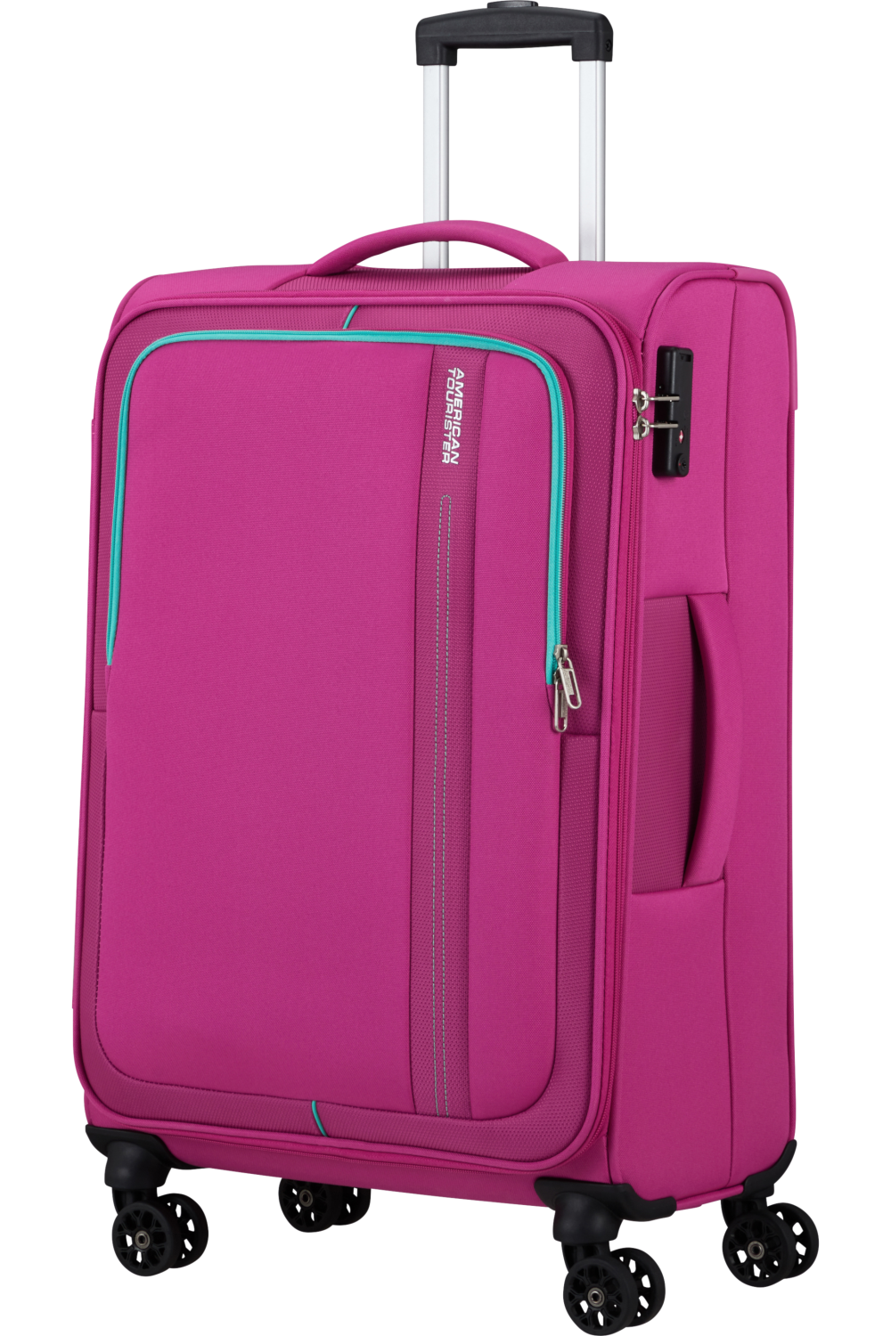 Egy rózsaszín American Tourister bőrönd kerekeken, fogantyúval és fekete zárral.