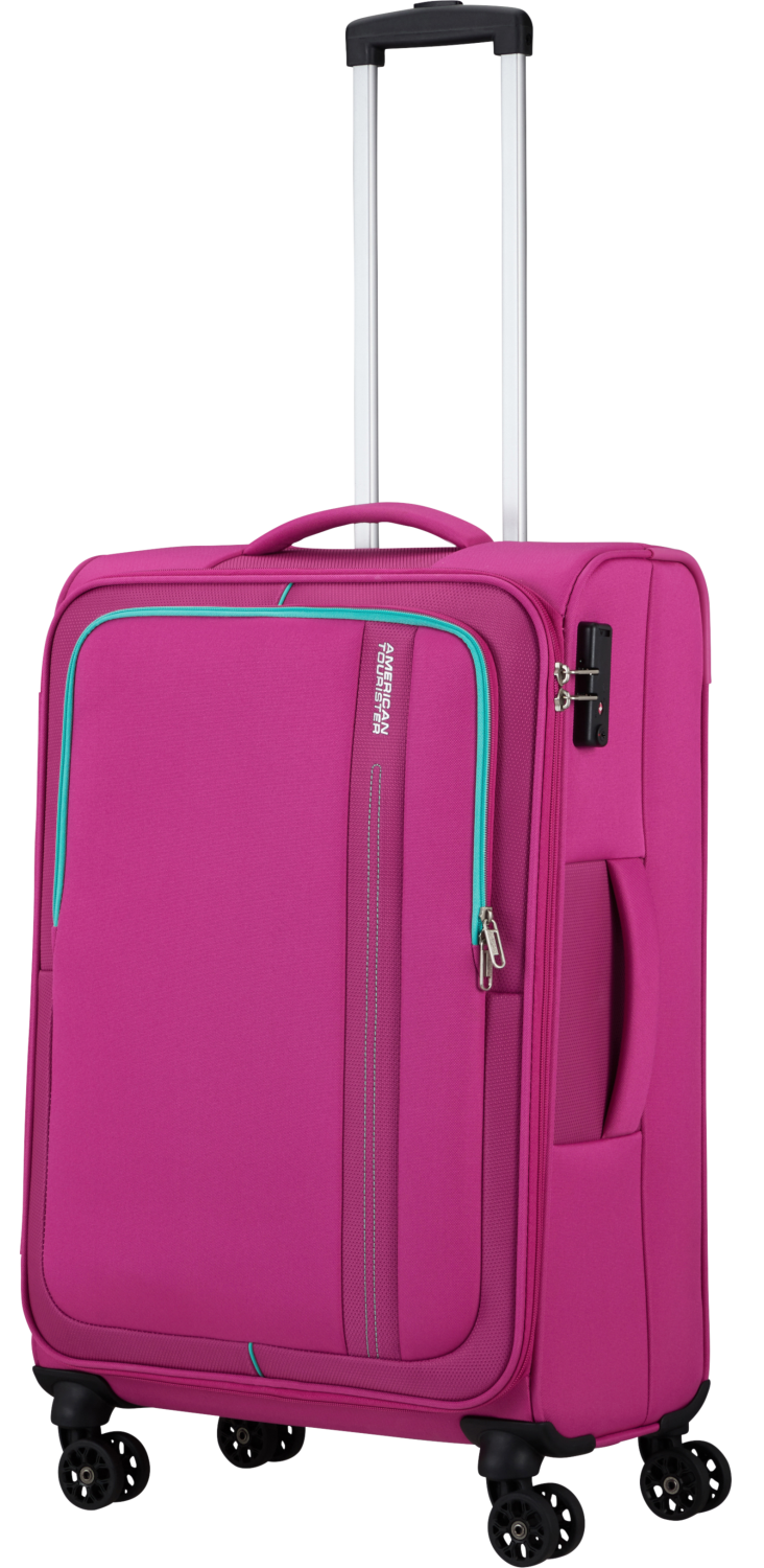 Egy rózsaszín American Tourister bőrönd fogantyúval és kerekekkel, átlátszó háttéren.