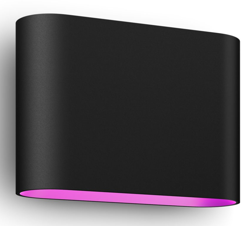 Czarna lampa ścienna. Ma zakrzywiony, owalny kształt. Ma różowe światło wzdłuż dolnej krawędzi.