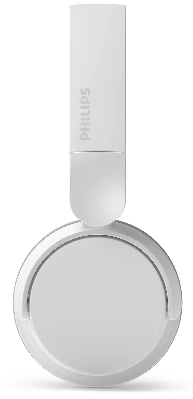 Fehér Philips fejhallgató felülnézetben, kerek fülhallgatóval, fehér szárral.