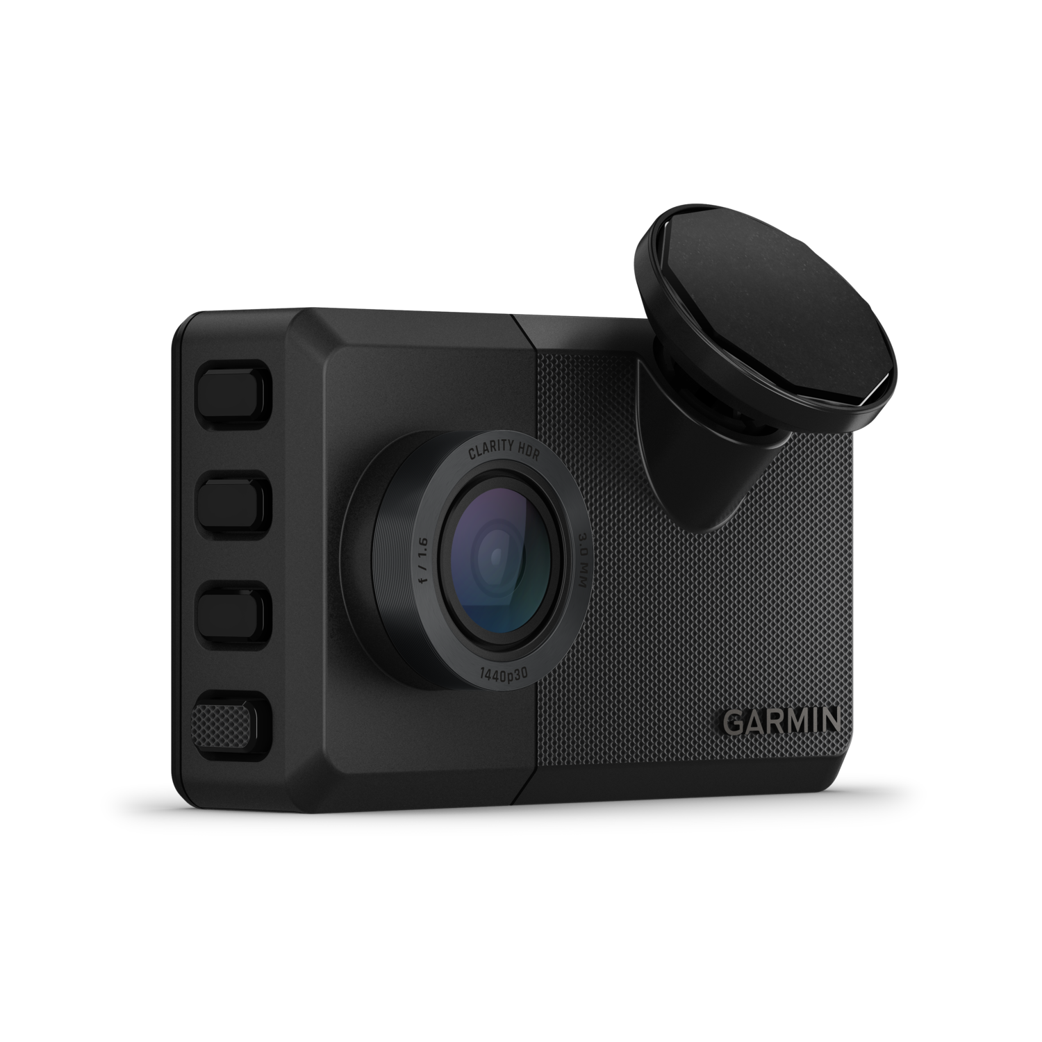 Dashcam Garmin noire, vue en angle. Possède un objectif, un écran et le logo Garmin.