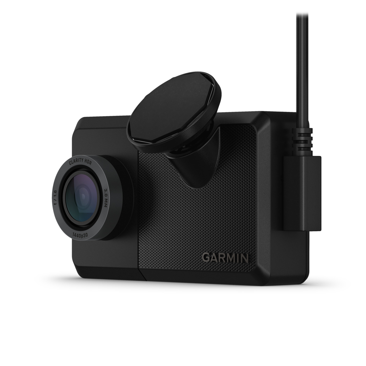 Caméra de tableau de bord Garmin noire avec objectif, support et câble. Fond blanc.