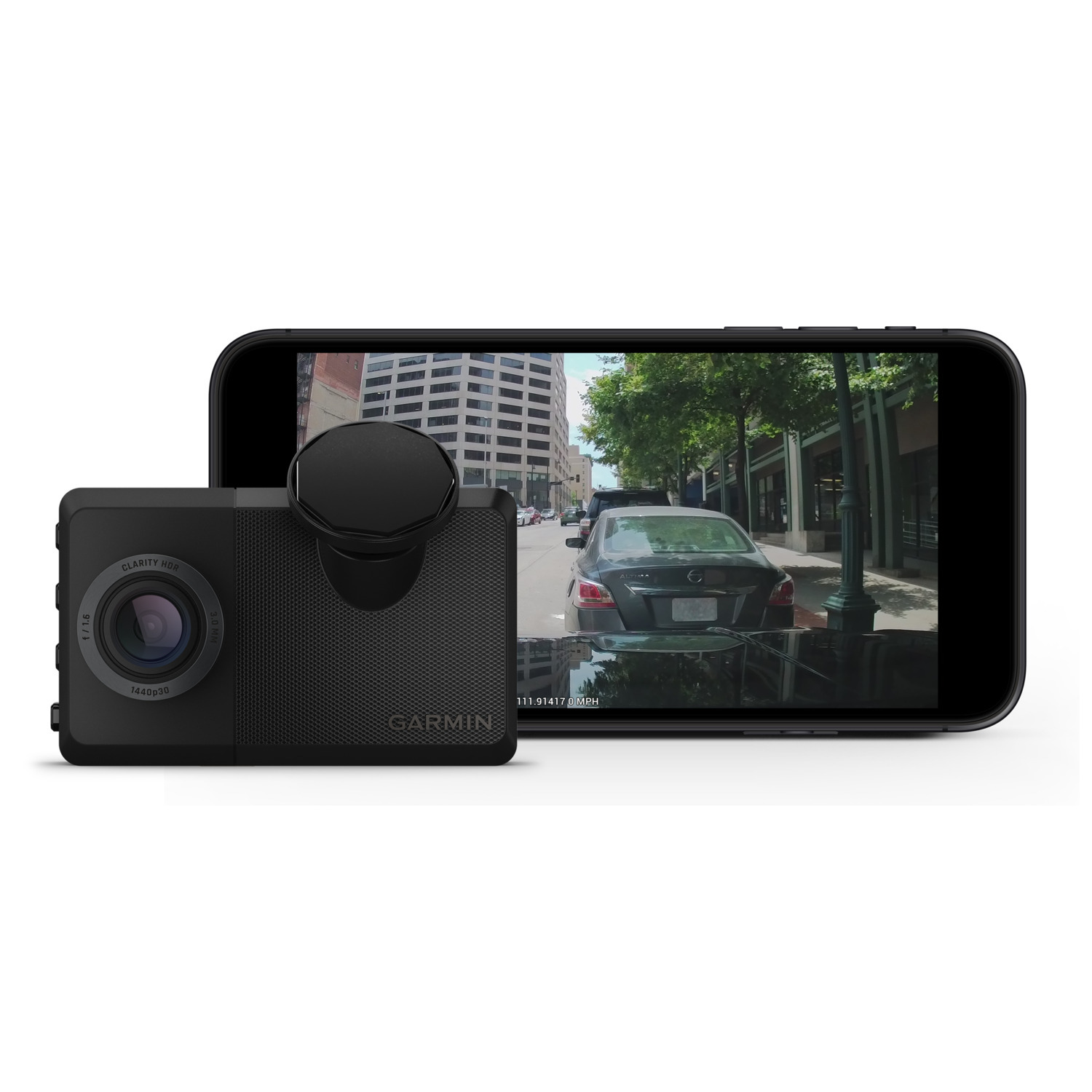 Caméra de bord noire et téléphone montrant une vue de la rue. La caméra est à gauche.