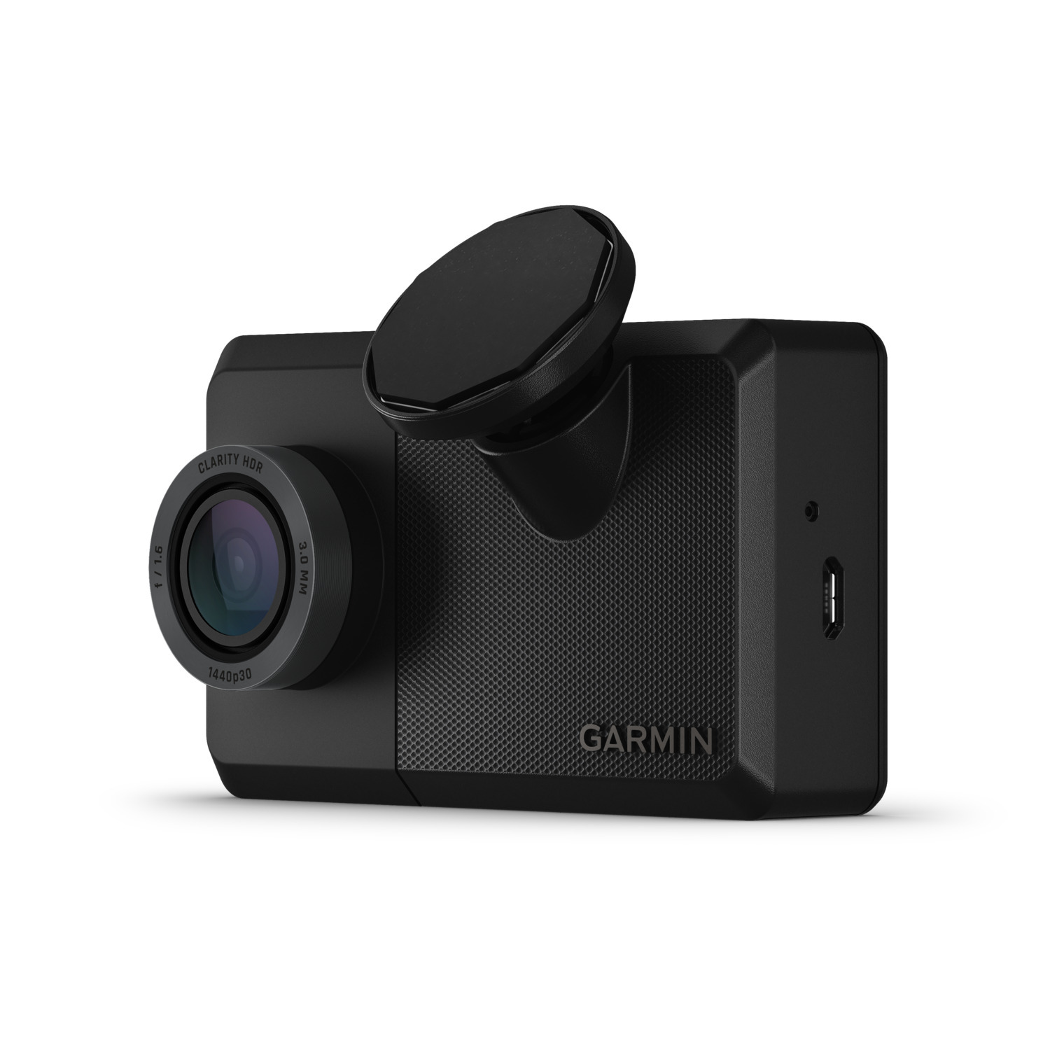 Une caméra de bord Garmin noire avec objectif et support, sur fond blanc.