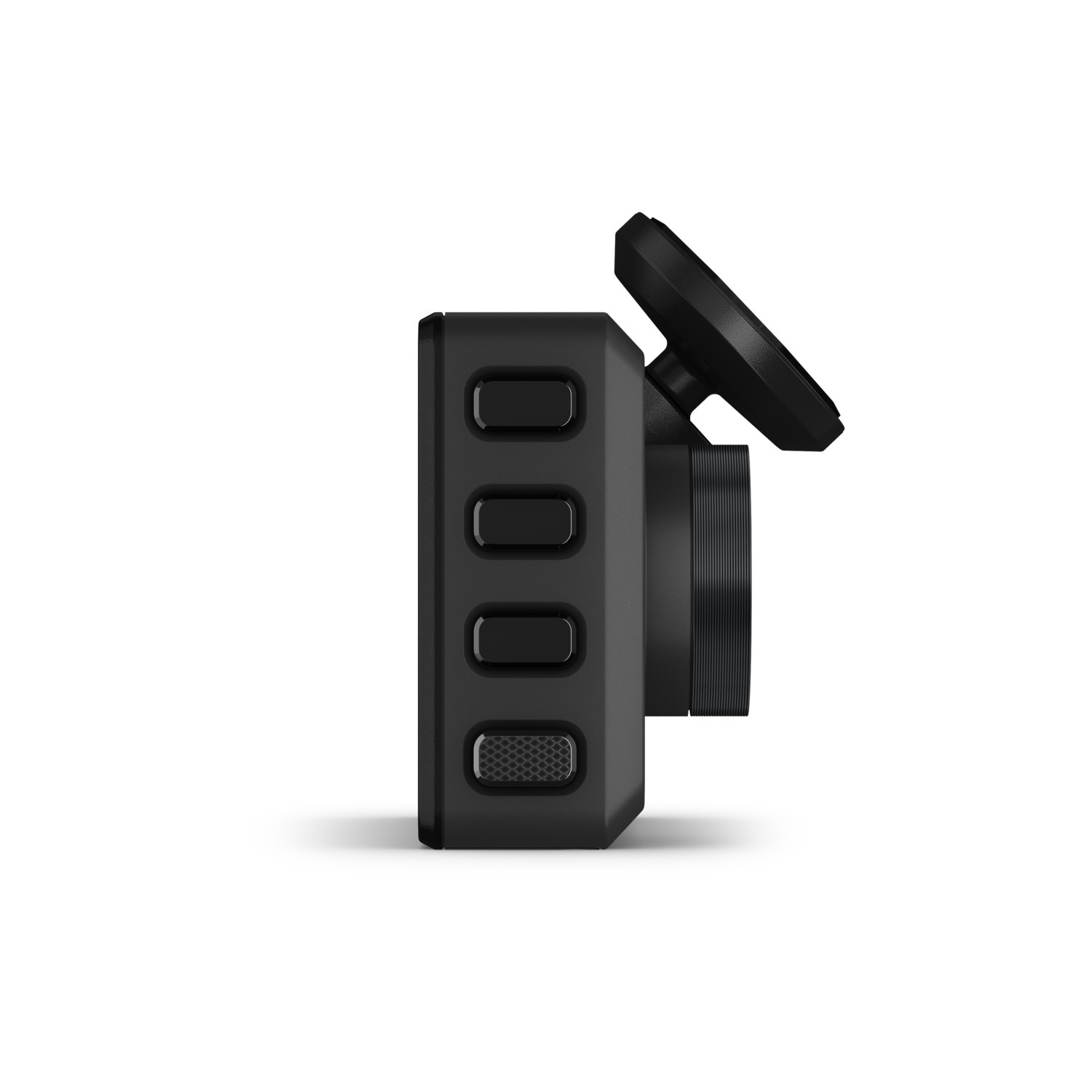 Caméra de bord noire. Vue latérale avec boutons et un petit écran. L'objectif est visible.