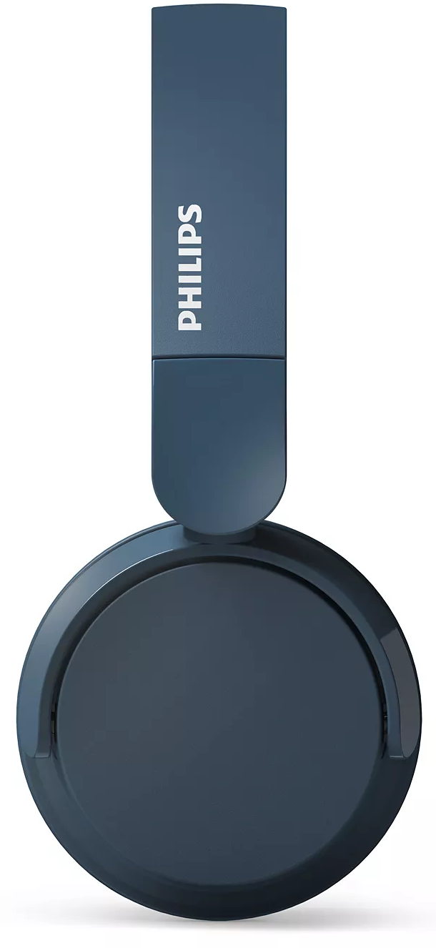 Egy kék fejhallgató, kerek fülhallgatóval és szalaggal. A Philips logója látható a szalagon.