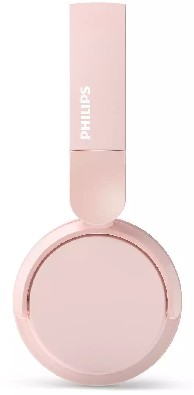 Rózsaszín fejhallgató minimalista dizájnnal, összehajtva. A 'PHILIPS' márka a fejpánton van nyomtatva.