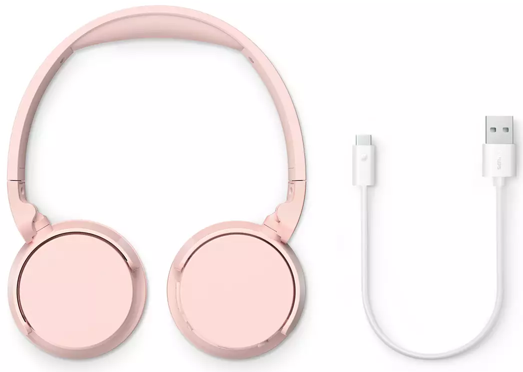 Rózsaszín fejhallgató kábellel fehér háttéren. USB és USB-C csatlakozók láthatók.