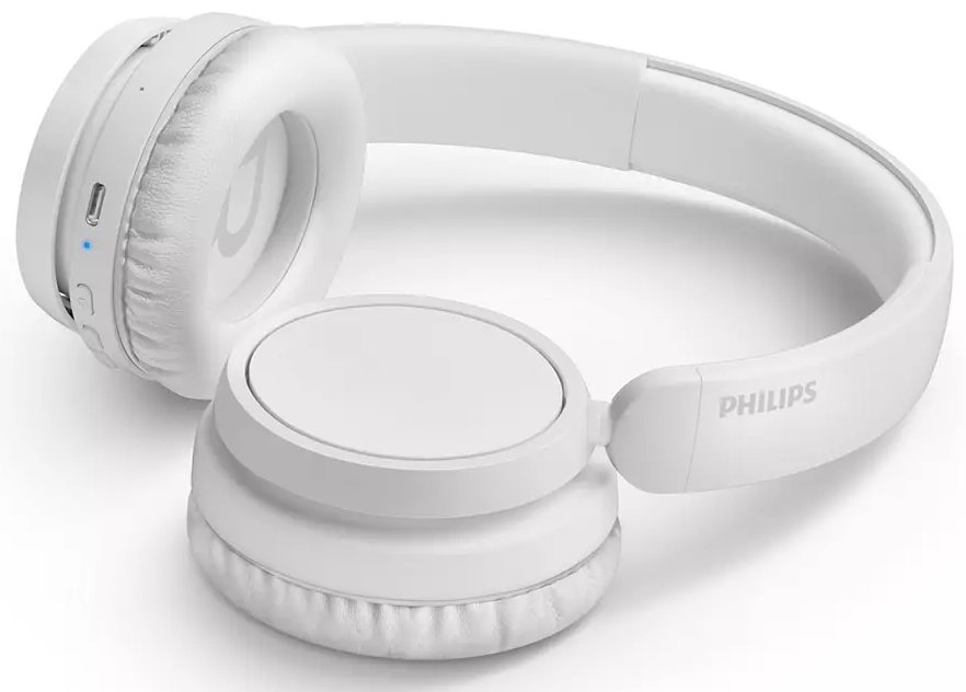 Fehér vezeték nélküli fejhallgató, over-ear kialakítás, finom Philips logóval.
