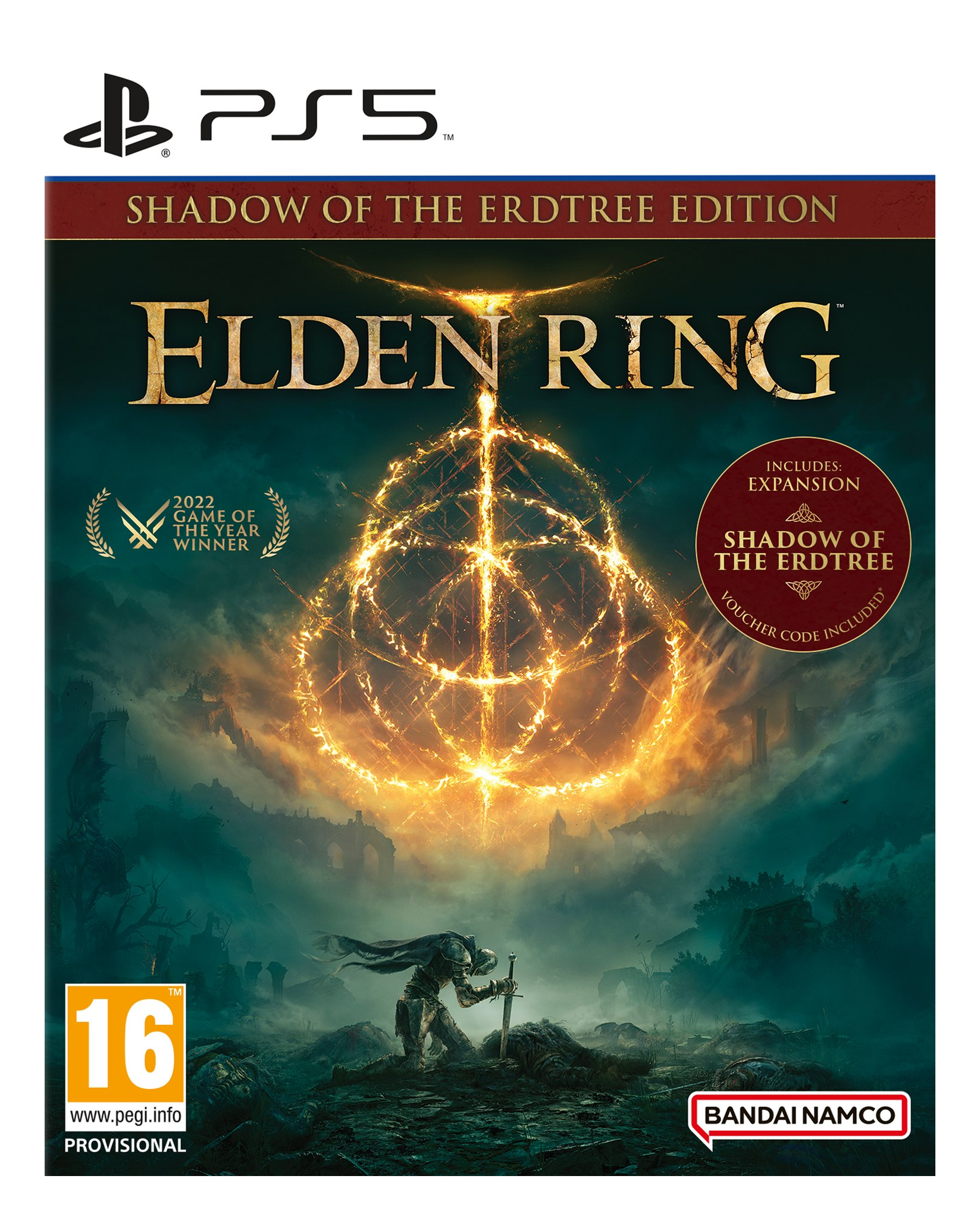 Elden Ring Spielbox. Krieger mit Schwert, feuriger Hintergrund, PS5-Logo.