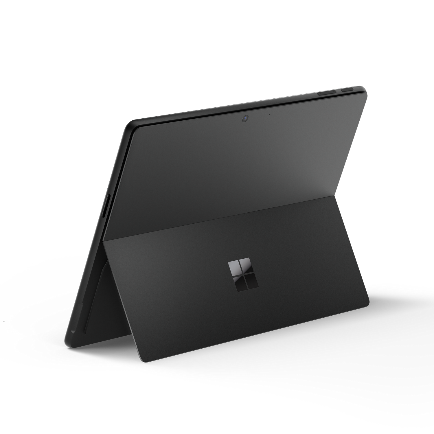 Una tableta Microsoft Surface negra con un soporte, que muestra el logotipo.