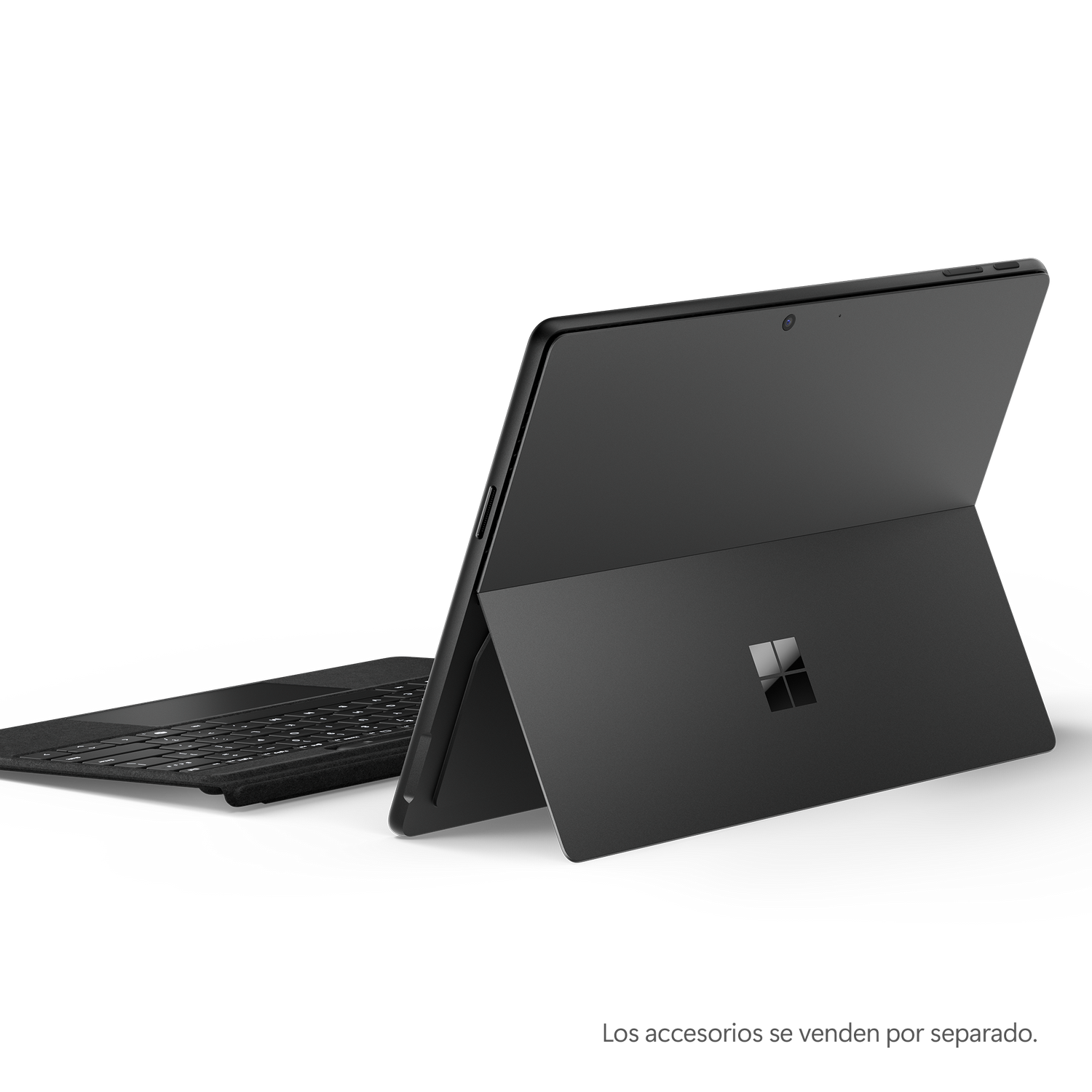 Tableta negra Microsoft Surface con cubierta de teclado abierta sobre fondo oscuro.