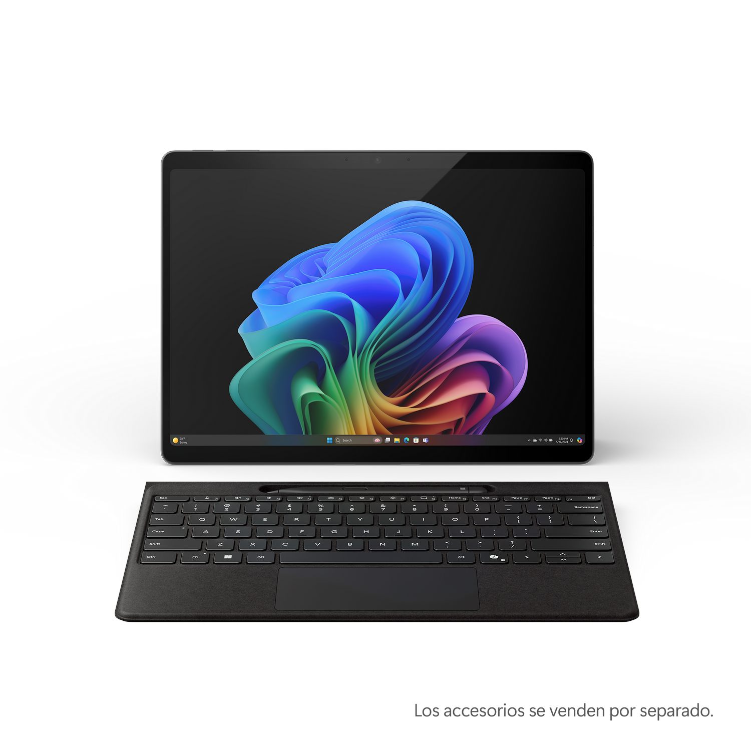 Portátil abierto con teclado delante y pantalla colorida. Texto abajo.