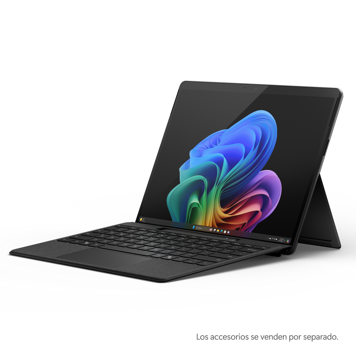 Ordenador portátil negro sobre soporte, pantalla colorida y teclado.