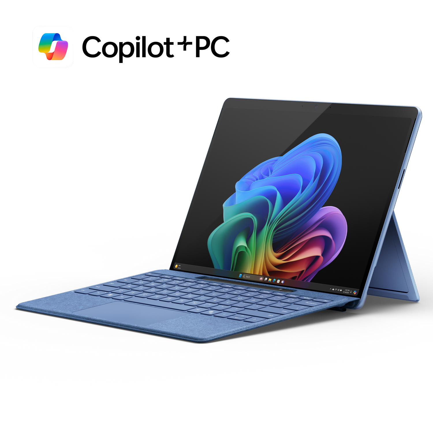 Tableta azul con teclado. Muestra una imagen abstracta colorida. Logotipo de Copilot.