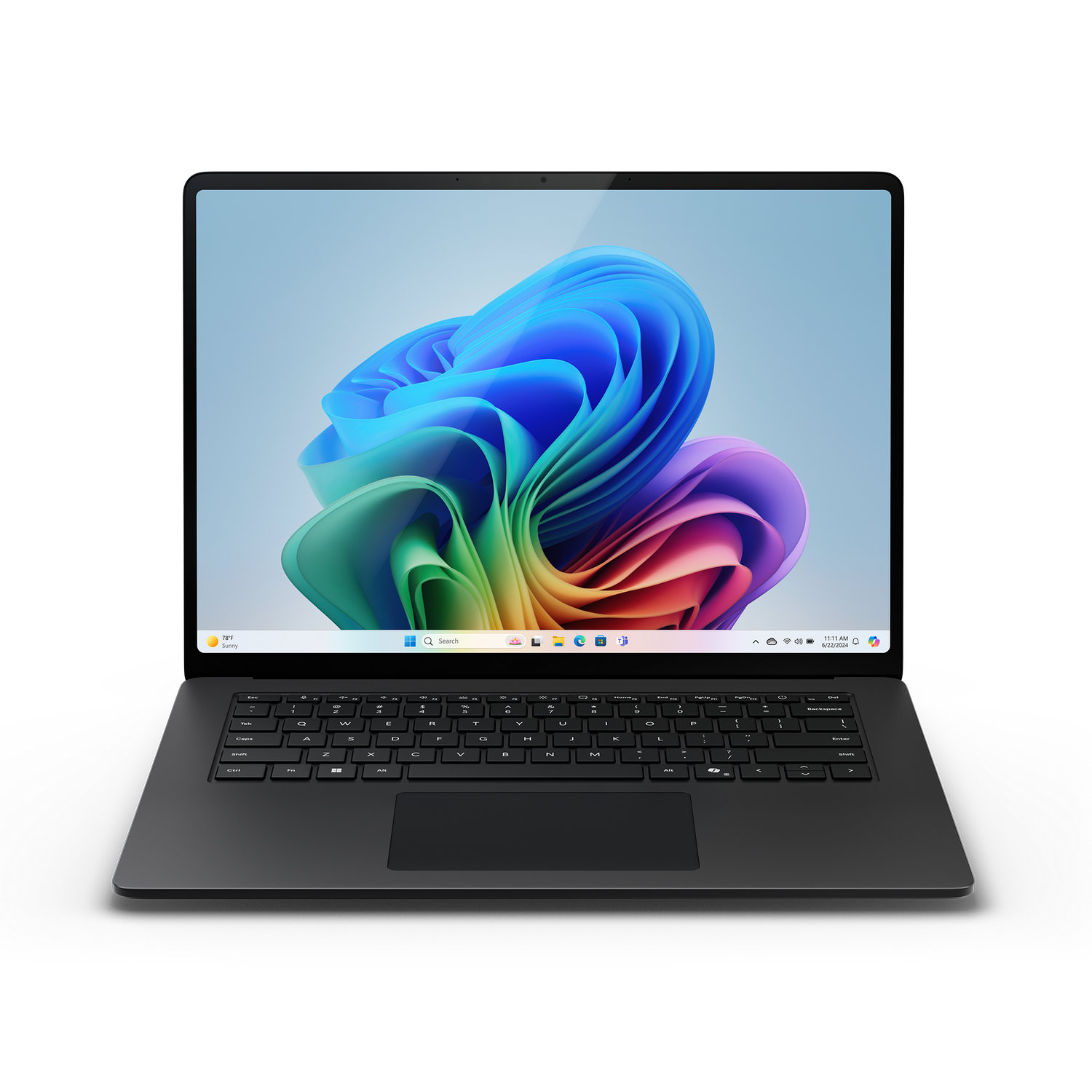 Una laptop negra con un fondo de pantalla abstracto y colorido. El teclado es visible y la pantalla está encendida.
