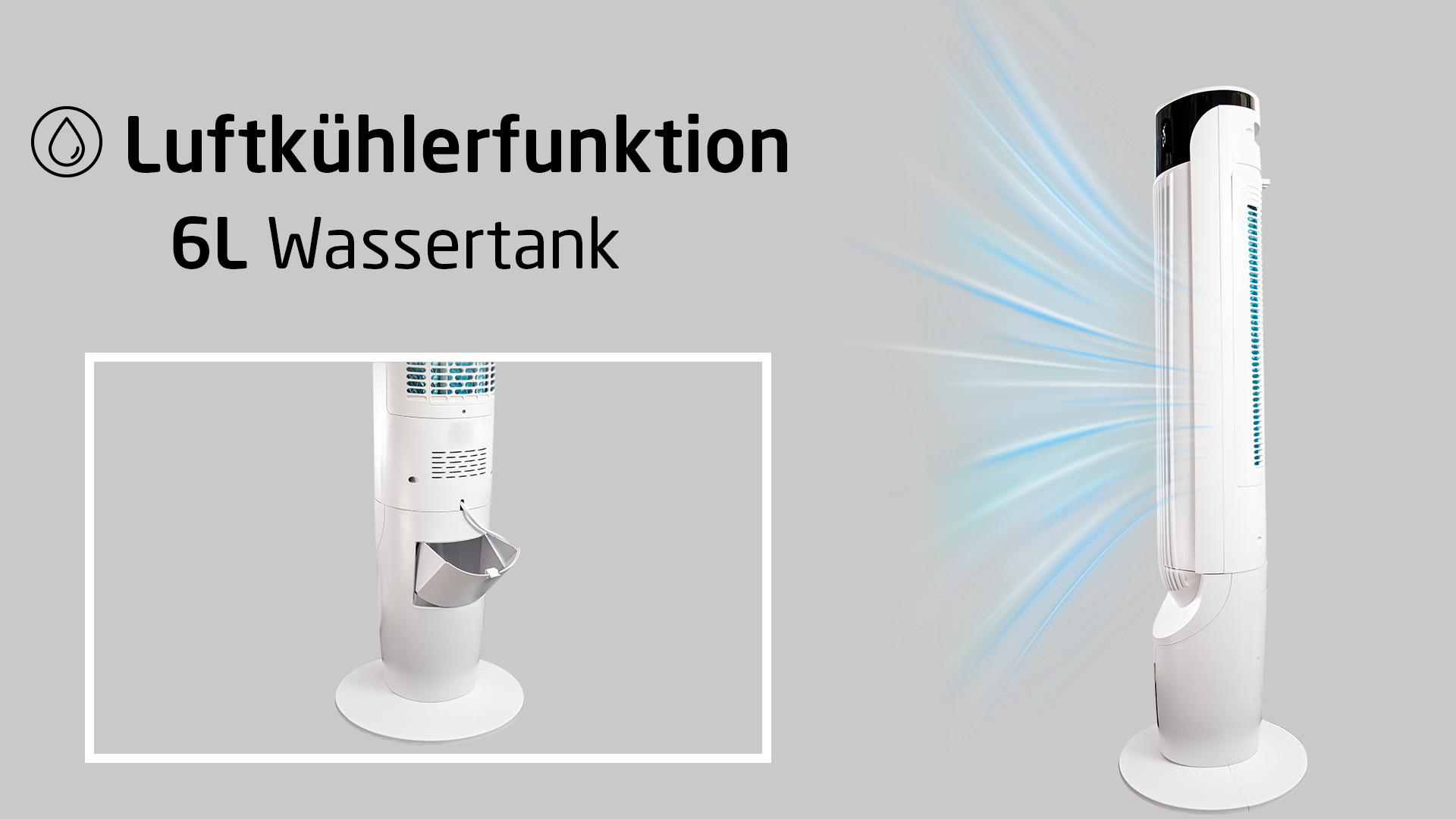 Weißer Luftkühler-Ventilator mit blauen Lichtstrahlen auf grauem Hintergrund.