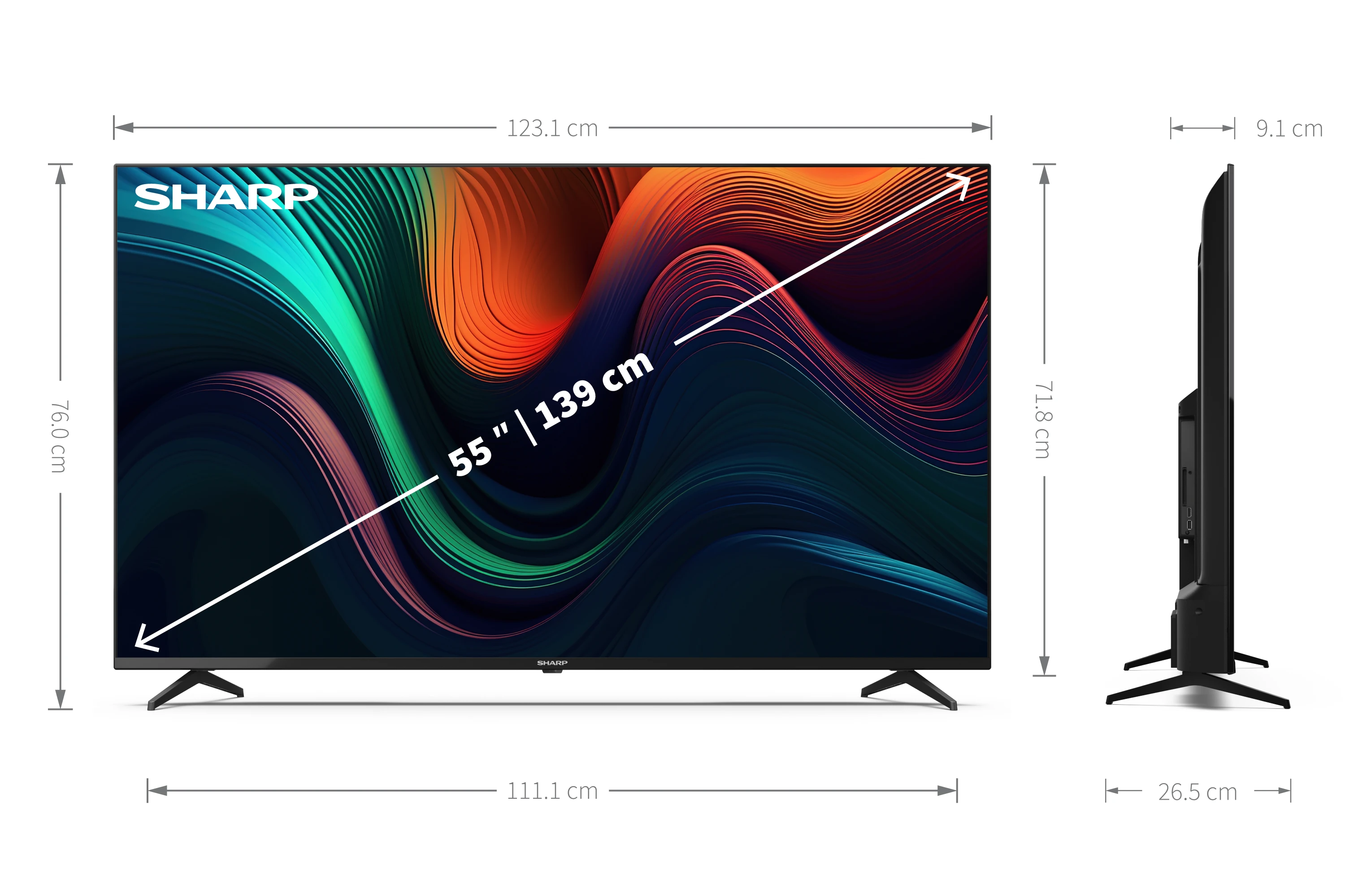 Un televisor Sharp de 55 pulgadas con dimensiones. Tiene una imagen abstracta colorida.