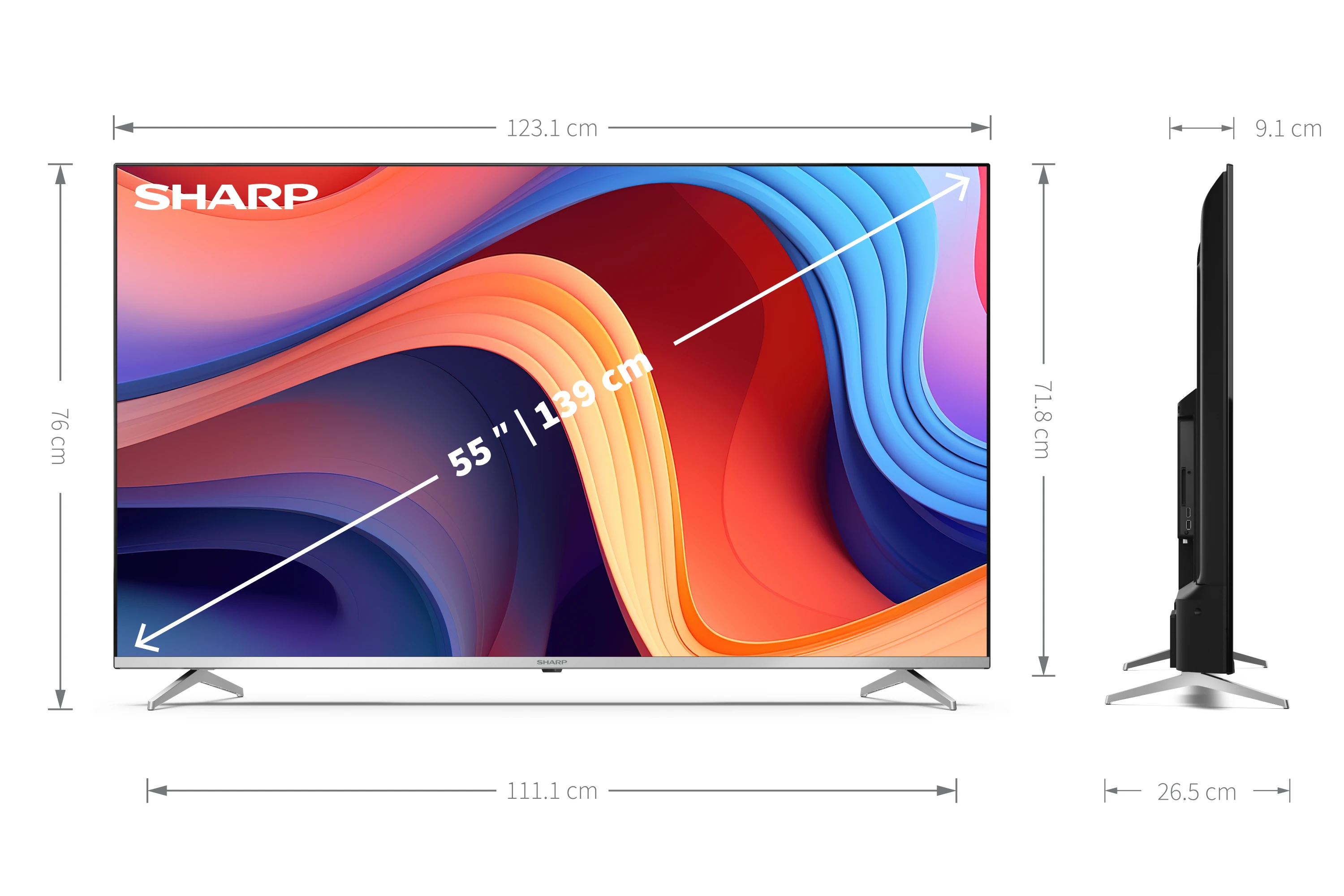 TV Sharp, dimensiones mostradas. El televisor está sobre un soporte plateado.