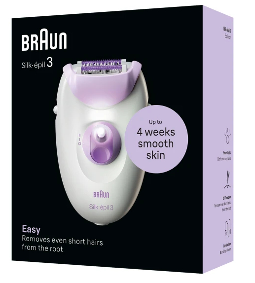 Depilator Braun Silk-épil 3 i pudełko, z białymi i fioletowymi akcentami.