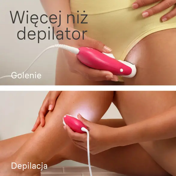 Dwa obrazy pokazują kobietę używającą depilatora na nogach. Jedna scena pokazuje golenie, druga depilację.