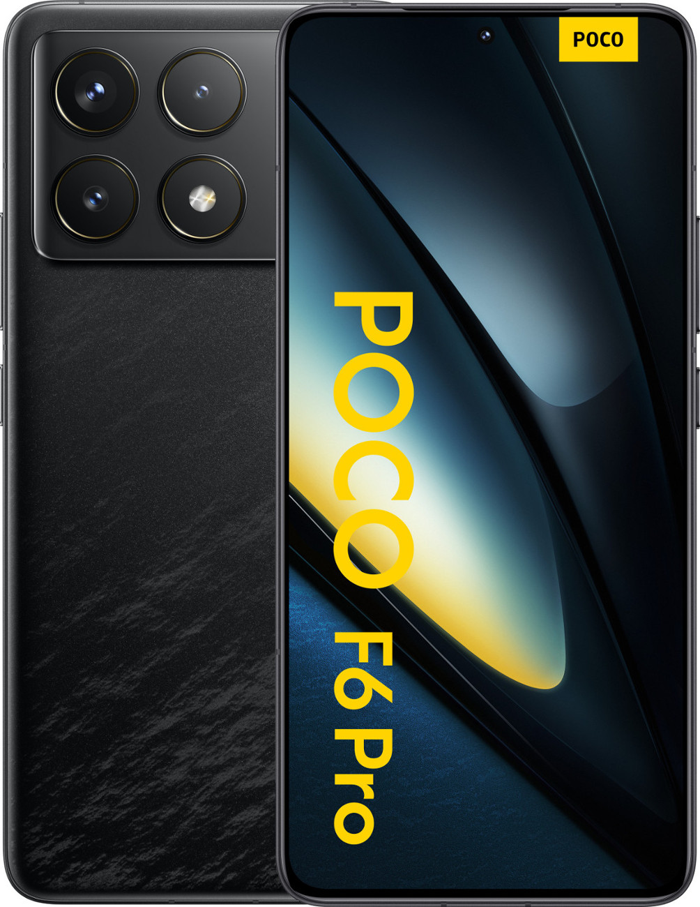Czarny telefon Poco F6 Pro z tylnymi aparatami. Żółty tekst 'POCO F6 Pro' z boku.