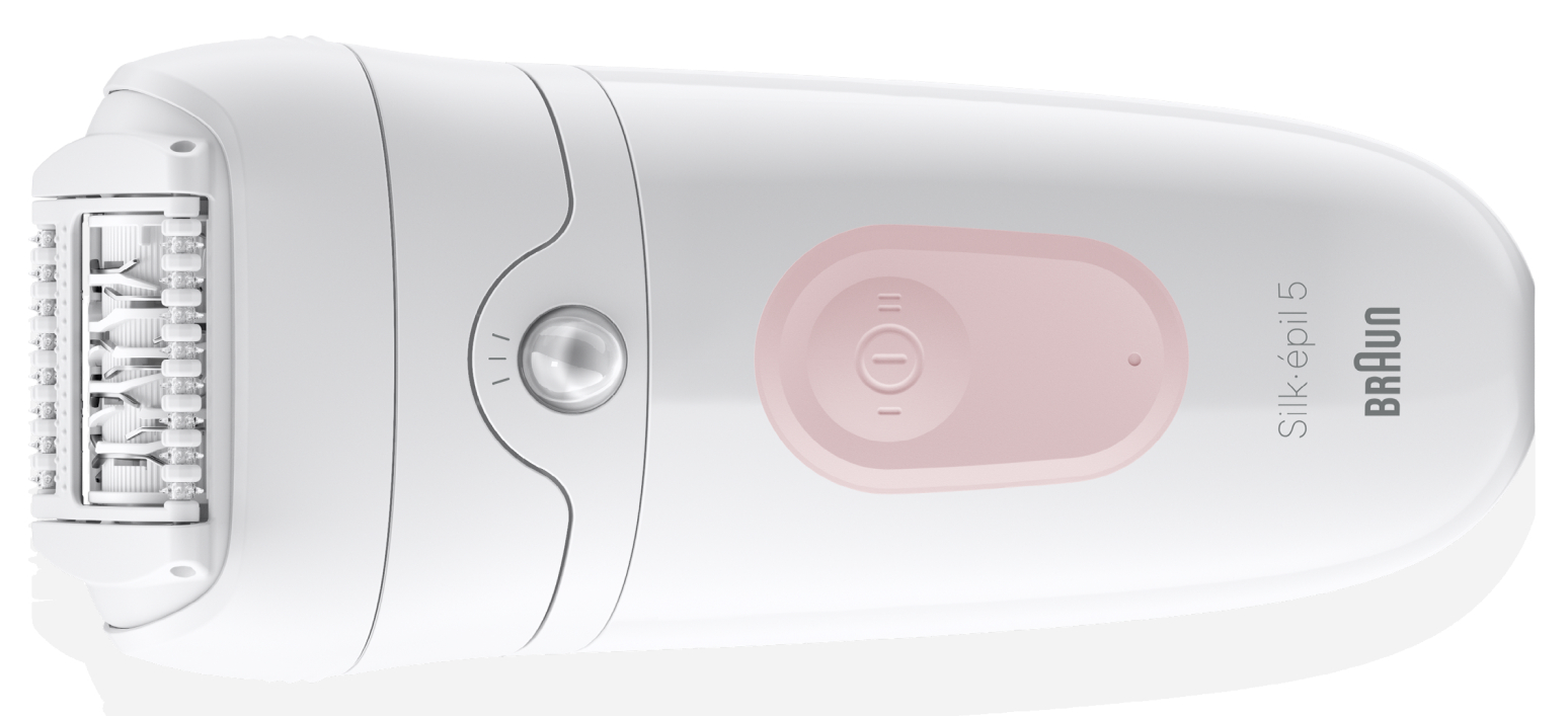 Biały depilator z różowym przyciskiem zasilania. Głowica ma małe metalowe ostrza.