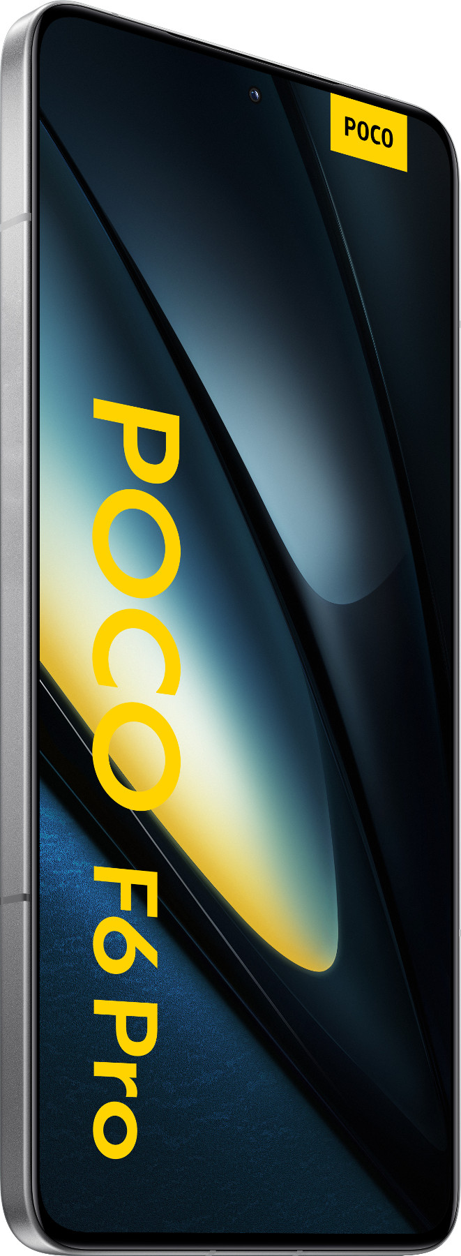 Smartfon ze złotym tekstem POCO F6 Pro, srebrna ramka, czarny ekran.