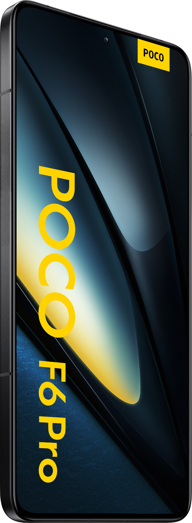 Czarny smartfon POCO F6 Pro, z żółtym logo POCO. Tło ma ciemnoniebieski gradient.