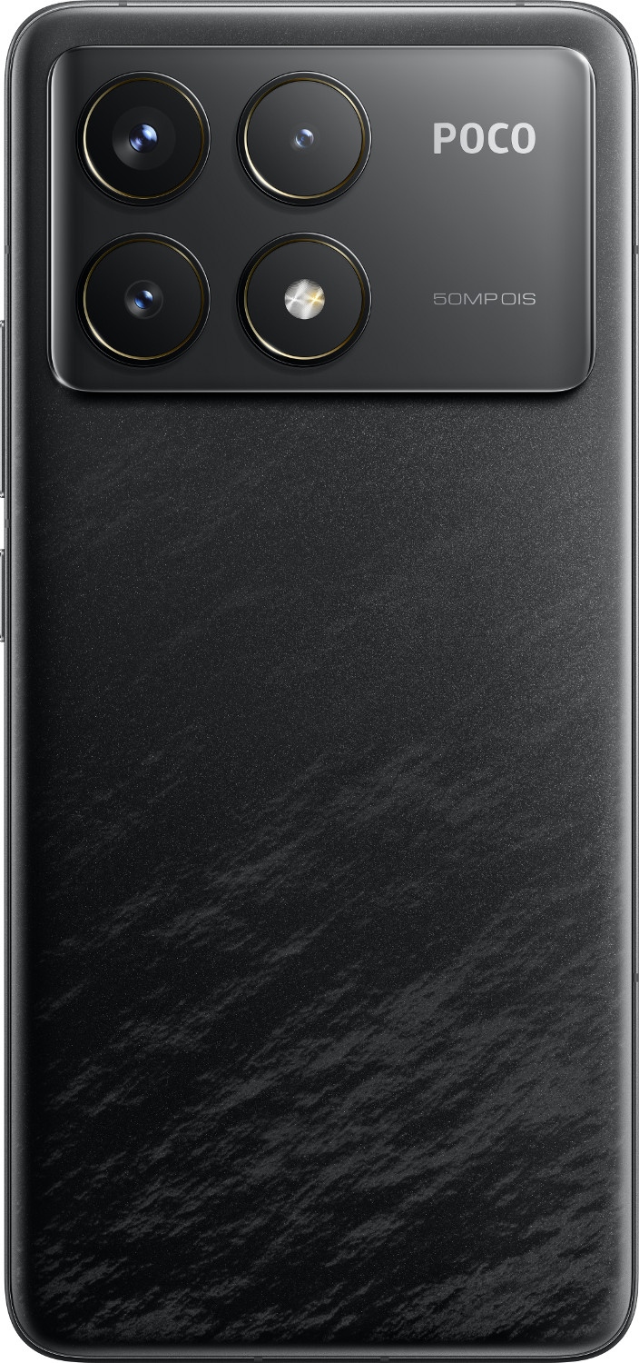 Czarny tył telefonu Poco z aparatami, etykieta 60MP OIS. Teksturowana powierzchnia.