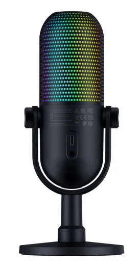 Czarny mikrofon z kolorową, podświetlaną kratką i statywem.