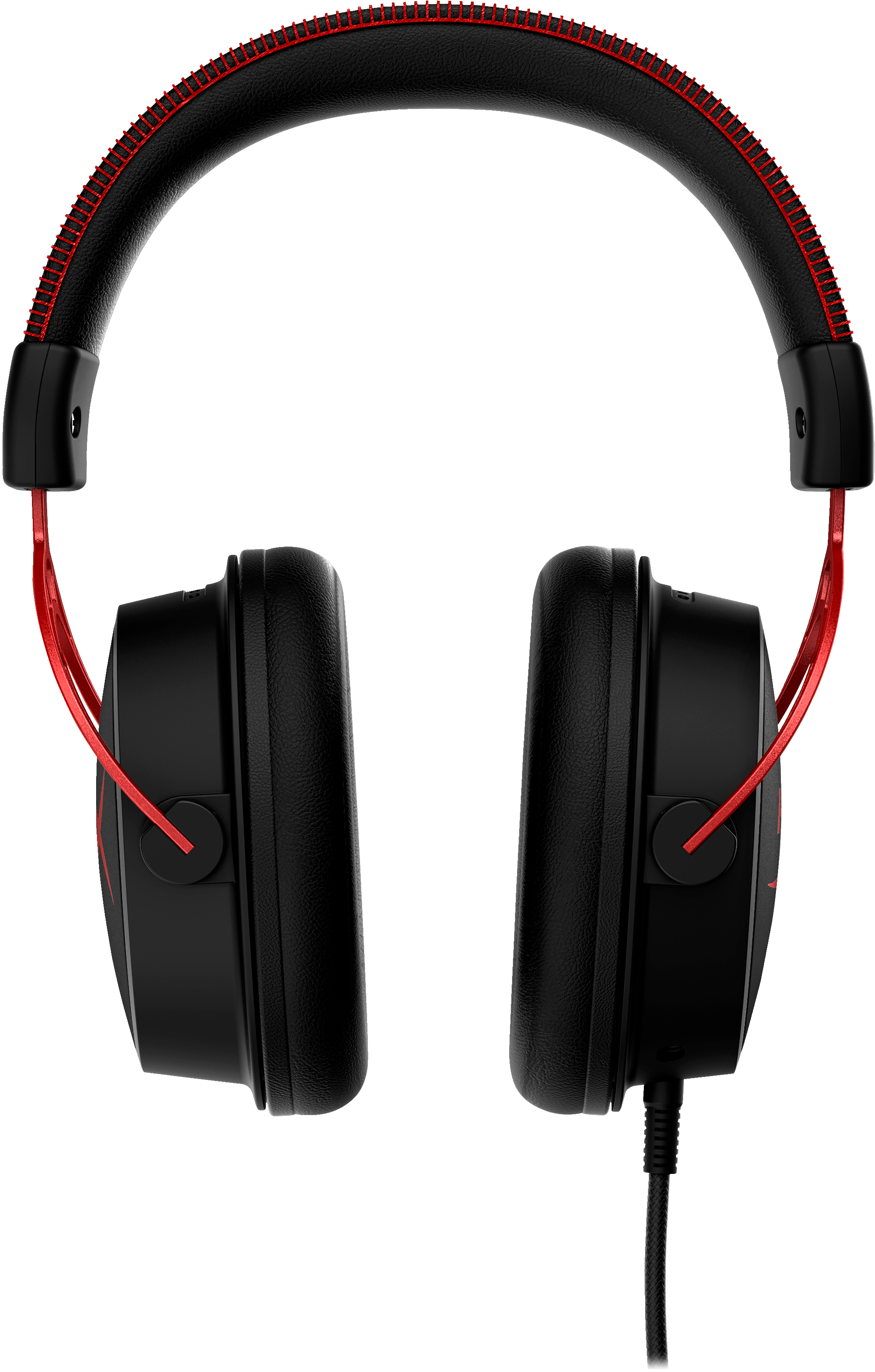 Schwarze und rote Over-Ear-Kopfhörer mit Kabelanschluss. Der Kopfbügel und die Ohrmuscheln sind sichtbar.