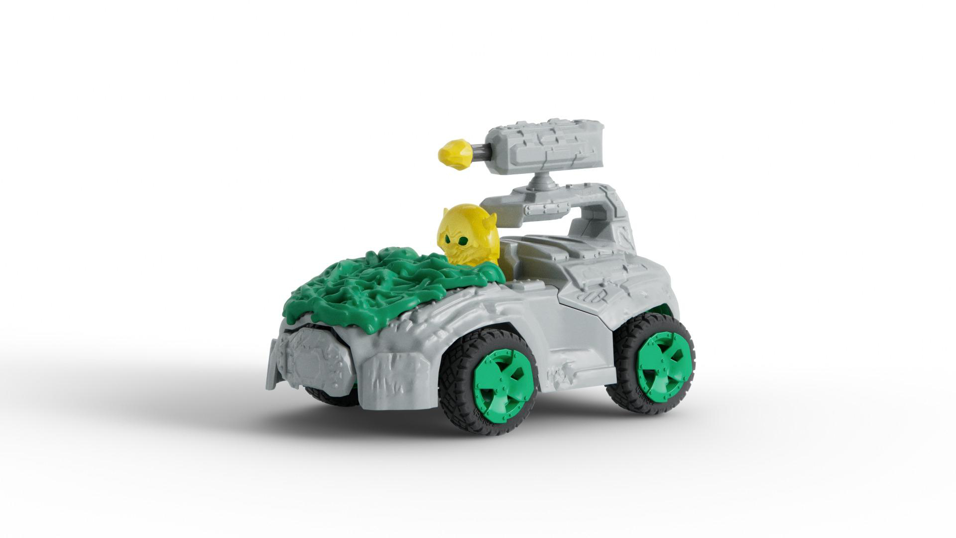 Graues Spielzeugauto mit gelber Figur und grünen Akzenten.