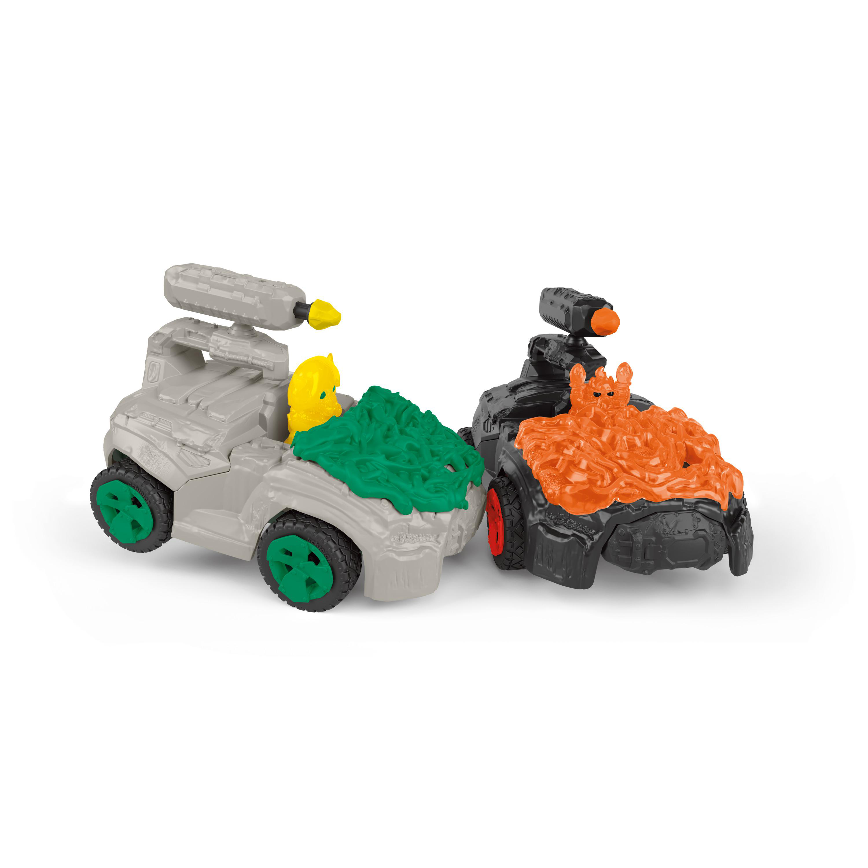 Zwei Spielzeugpanzer mit Figuren oben, grau und schwarz mit farbigen Details.