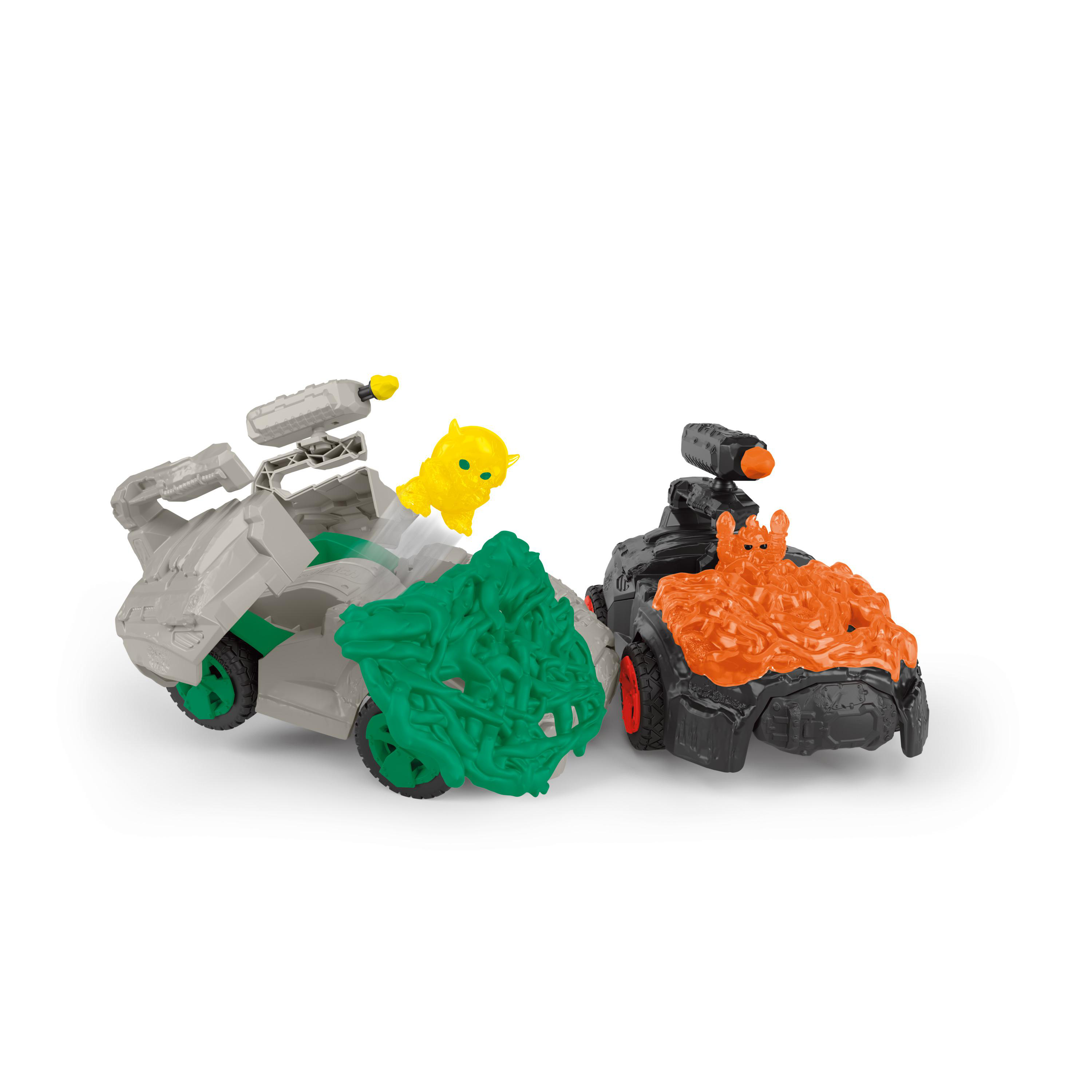 Zwei Spielzeugautos stoßen mit grünem und orangenem Schleim zusammen.
